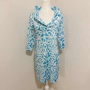 Gretchen Scott Ruffneck Arabesque Dress Sky Blue & White Women's Size S